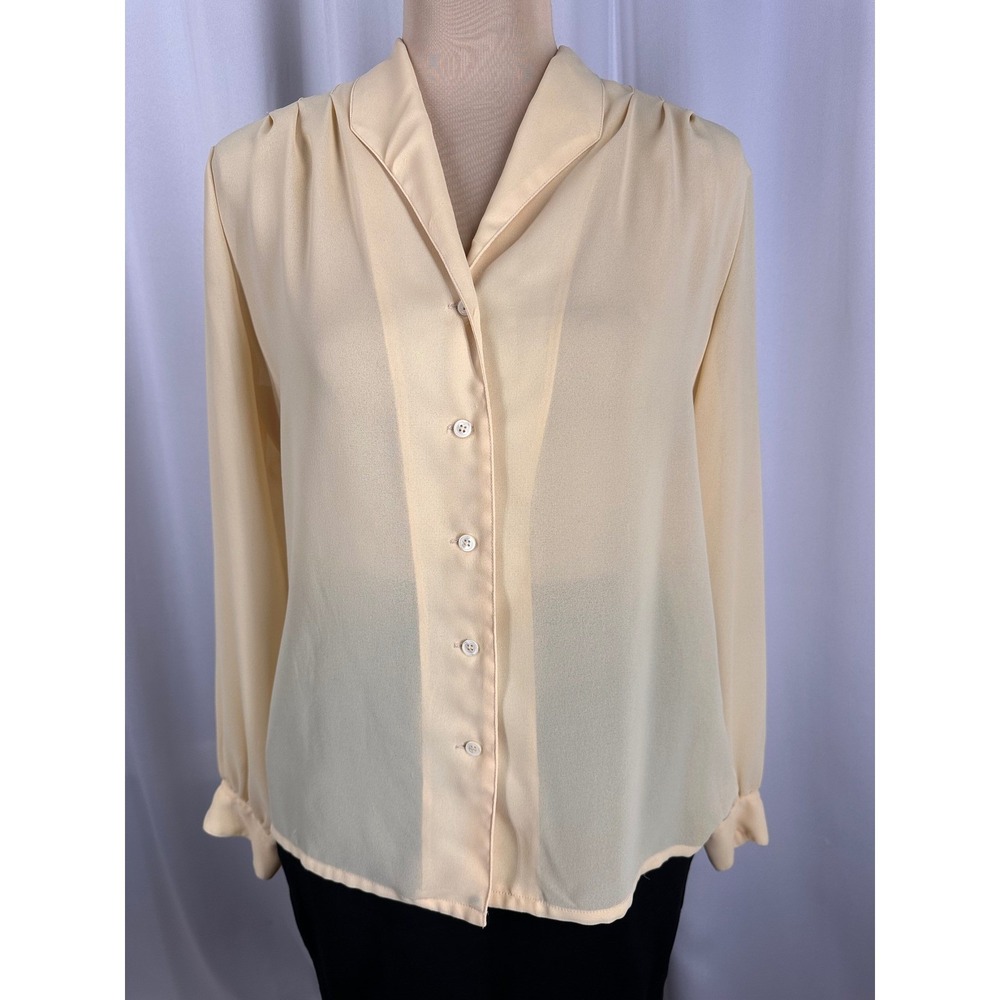 Christian Dior Vintage Yellow Chiffon Button Down Blouse Pleated Shoulder Size 6 - Picture 2 of 16